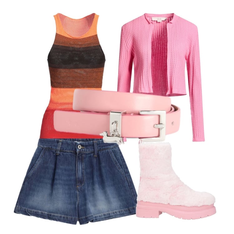 Outfit donna - Marzo rosa. Stile Casual per Tutti i giorni. Abbinamento con top, stivaletti, cardigans, cinture, shorts.