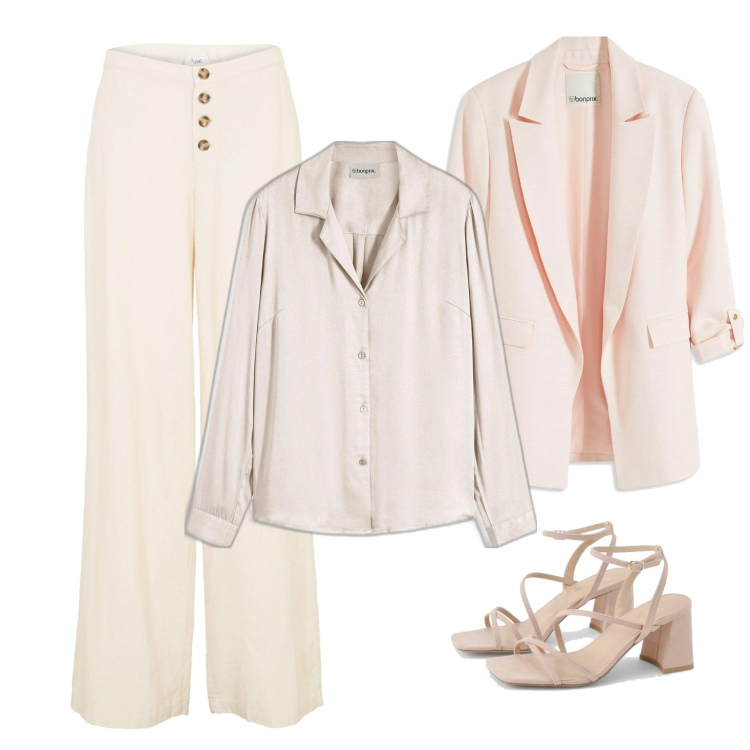 Outfit femme - Nude Chic. Style Chic pour Tous les jours. Assortir avec blazers, pantalon large en bas, chemisiers, sandales à talon.