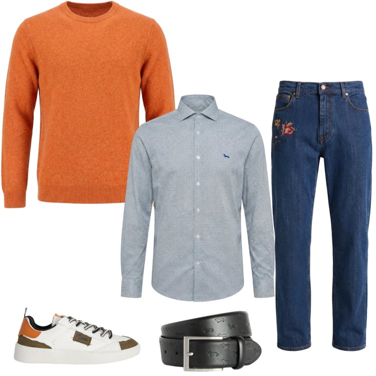 Outfit uomo - Eleganza Casual tra Arancio e Denim. Stile Urban per Tutti i giorni. Abbinamento con cinture, camicie, sneakers, jeans, pullovers.