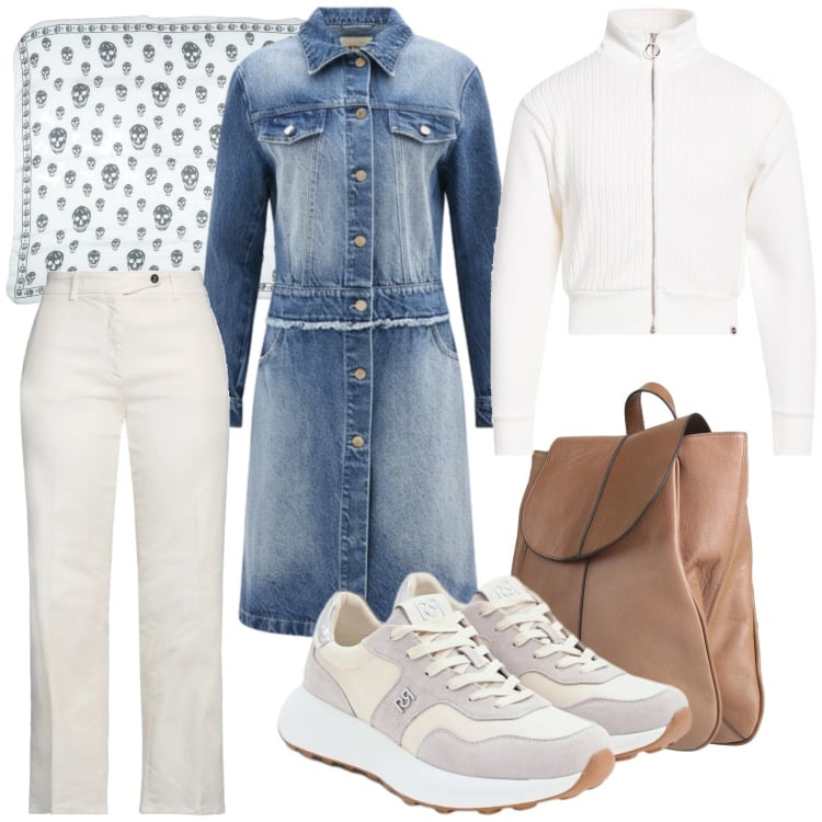 Outfit donna - Look da weekend primaverile. Stile Casual per Tutti i giorni. Abbinamento con zaini, jeans dritti, cardigans, sciarpe, trench, sneakers.