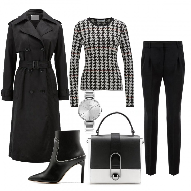 Outfit donna - Black and white. Stile Trendy per Tutti i giorni. Abbinamento con pantalone effetto acetato in cotone crêpe, trench doppiopetto in cupro twill, maglione lunga pied de poule a maniche lunghe, borsa a mano con manico effetto metallizzato argento, stivaletti montone con borchie in pelle, orologio con cinturino.