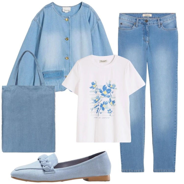 Outfit donna - Total look #2371562. Stile Romantica per Tutti i giorni. Abbinamento con t-shirt, mocassini, blazer, jeans dritti, borse tote.