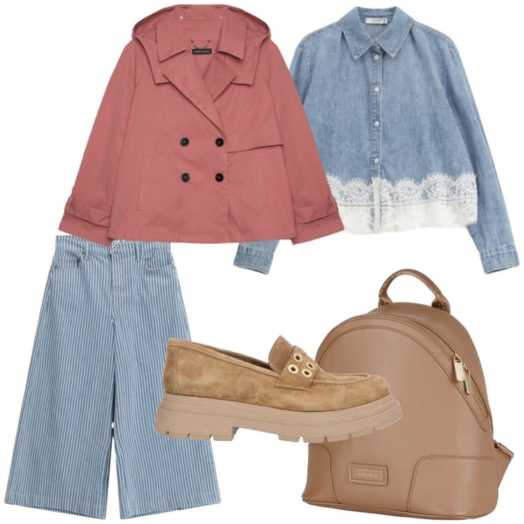 Outfit donna - Stile romantico primaverile. Stile Glamour per Tutti i giorni. Abbinamento con zaini, mocassini, trench, camicie, jeans.
