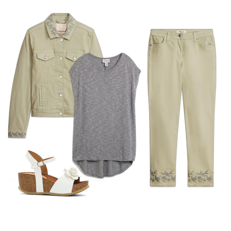 Outfit femme - Ensemble brodé. Style Boho pour Tous les jours. Assortir avec t-shirts, pantalon , chaussures à semelle compensée, blazers.