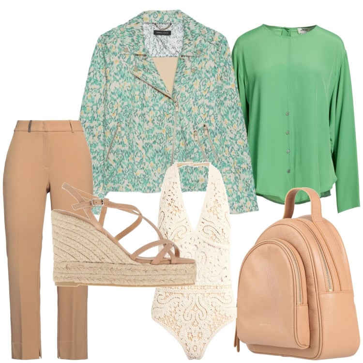 Outfit donna - Look da weekend primaverile. Stile Casual per Tutti i giorni. Abbinamento con pantaloni, body, camicie, zaini, espadrillas, blazer.