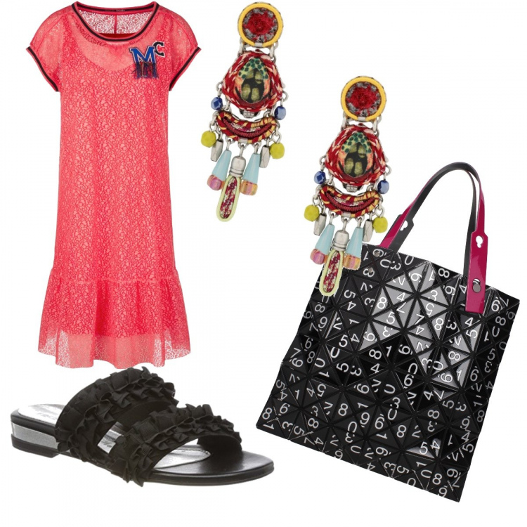 Outfit donna - Total look #237157. per Mare. Abbinamento con orecchini con perline e farfallina in ottone, borsa a mano con manico nero, sandali nero, vestito sport rosso.