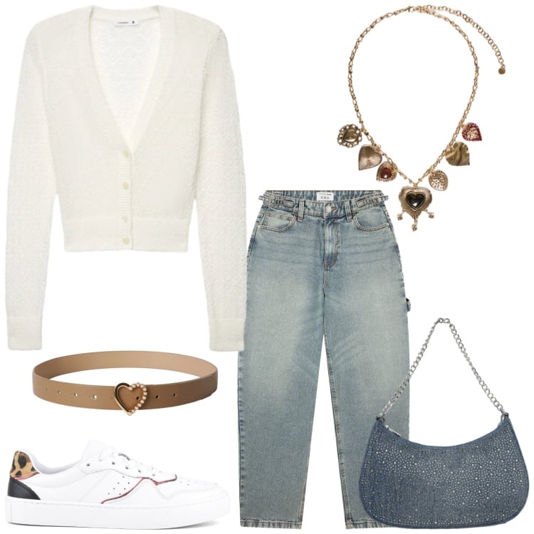 Outfit donna - Total look #2371573. Stile Minimal per Tutti i giorni. Abbinamento con collane, cinture, jeans, cardigans, borse a tracolla, sneakers.