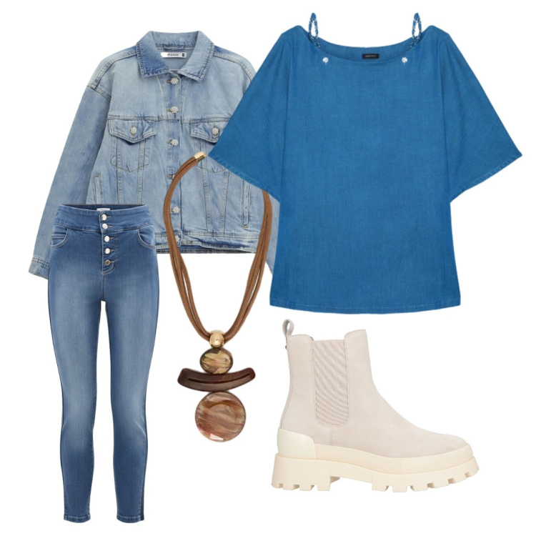 Outfit donna - Outfit per la primavera. Stile Minimal per Tutti i giorni. Abbinamento con stivaletti chelsea, ciondoli, bluse, jeans, blazer.