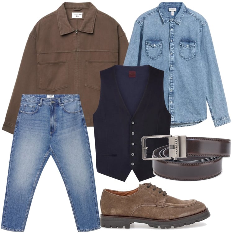 Outfit uomo - Gilet classico. Stile Trendy per Tutti i giorni. Abbinamento con camicie, gilet, scarpe stringate, jeans, cappotti, cinture.