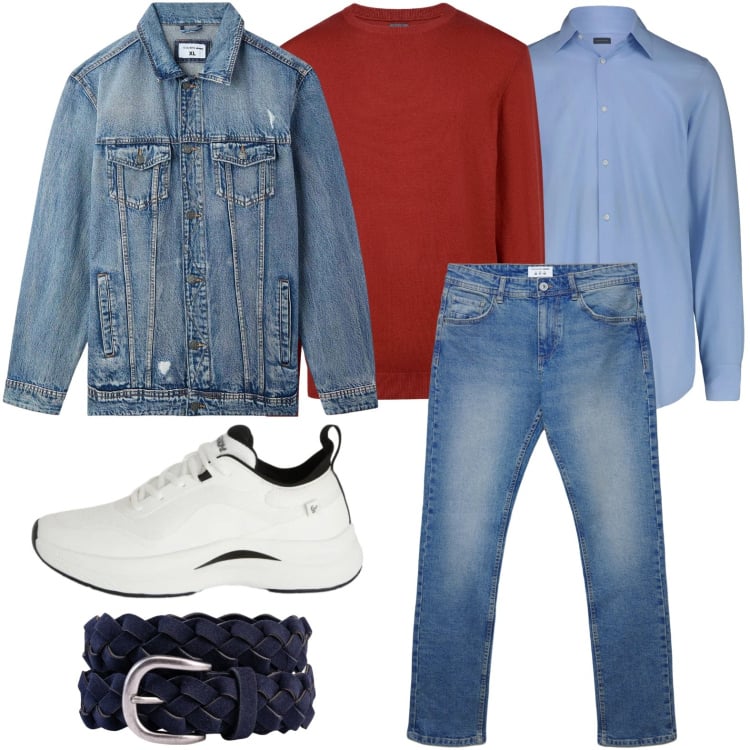 Outfit uomo - Look quotidiano. Stile Casual per Tutti i giorni. Abbinamento con sneakers, maglieria, giacche, cinture, jeans dritti, camicie.