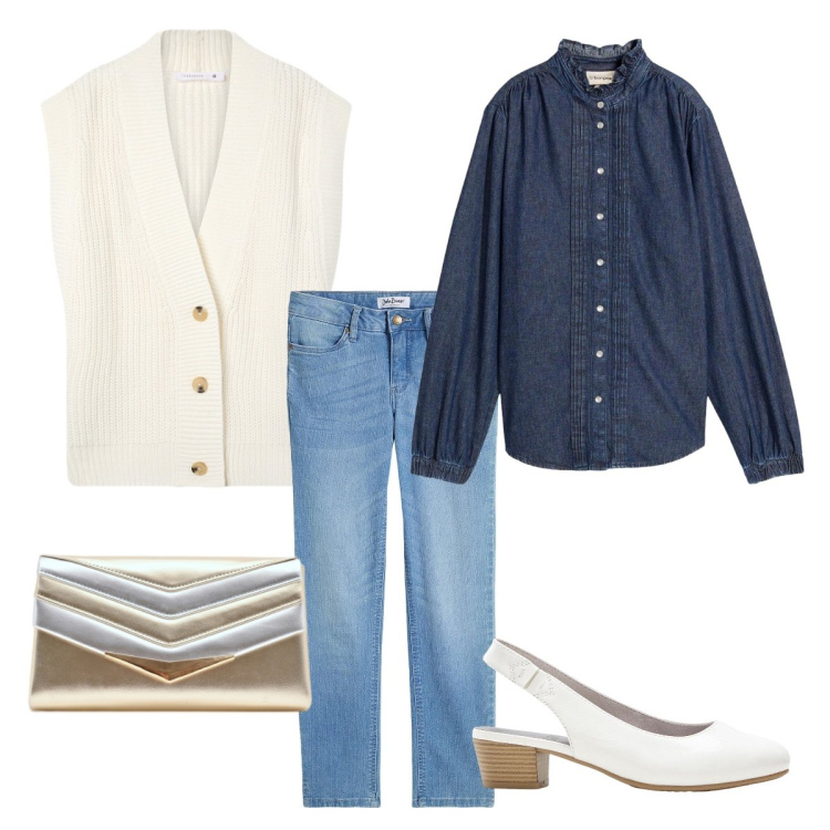 Outfit donna - Denim re-defined. Stile Casual chic per Ufficio. Abbinamento con camicie, jeans, décolleté, gilet, pochette.