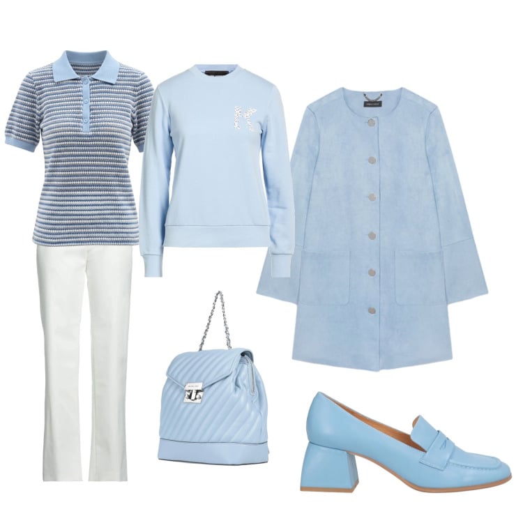 Outfit donna - Pomeriggio molto azzurro. Stile Casual per Tutti i giorni. Abbinamento con zaini, mocassini, pantaloni, felpe, cappotti, polo.