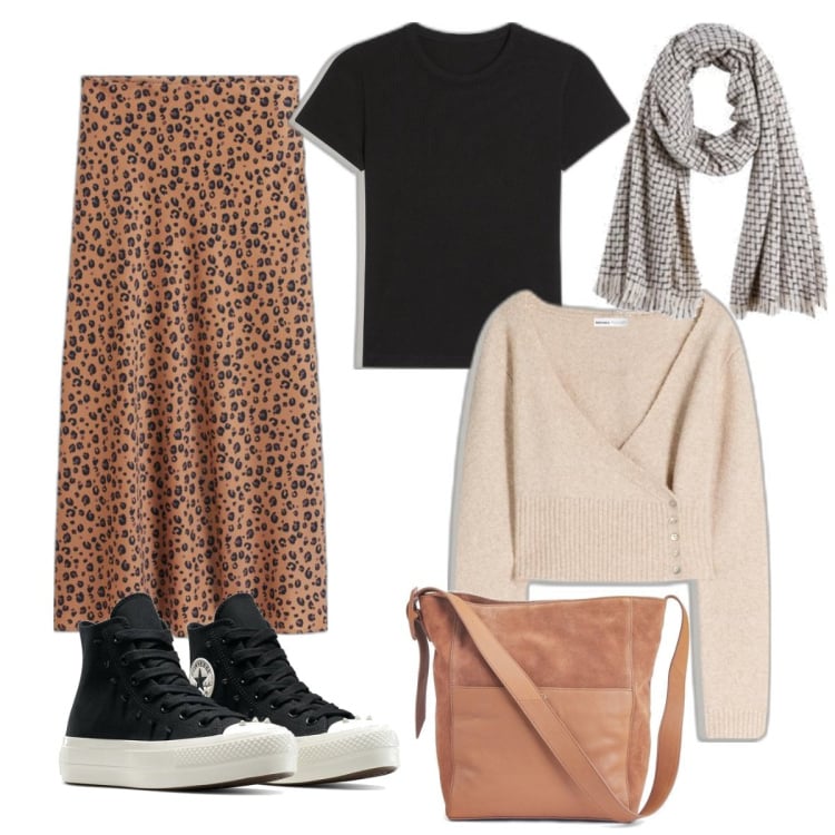 Outfit mujer - Comfy Spring. Estilo Casual chic para Todos los días. Combinación con sneakers, faldas, bolso tote, bufandas, cárdigans, camiseta.