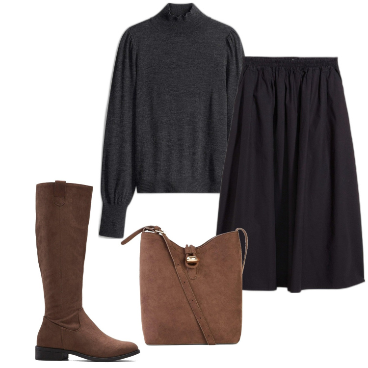 Outfit femme - Minimal fraîcheur. Style Minimal pour Tous les jours. Assortir avec bottes, jupes au genou, pulls, sacs seau.