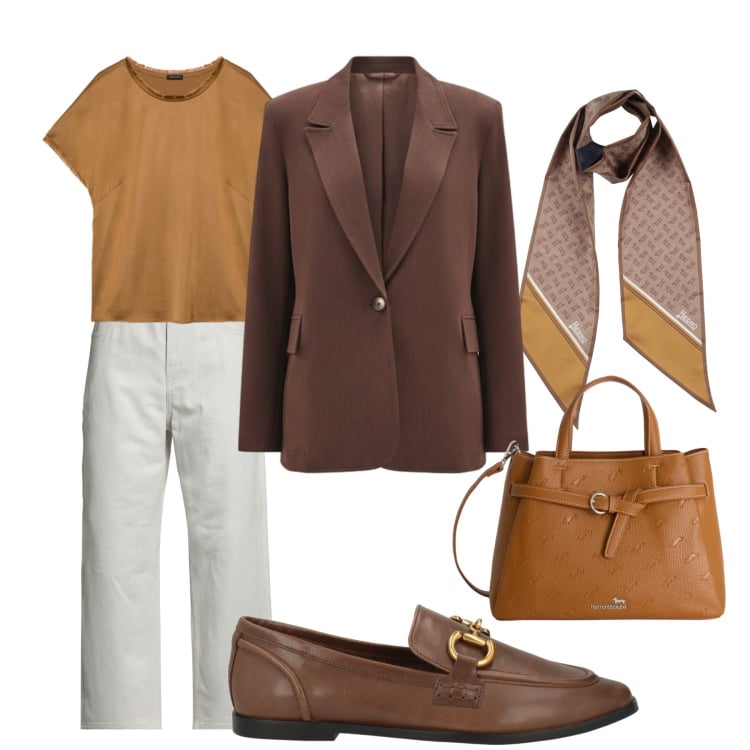 Outfit donna - Appunti a lavoro. Stile Casual per Ufficio. Abbinamento con sciarpe, pantaloni, mocassini, t-shirt, borse a mano, blazer.