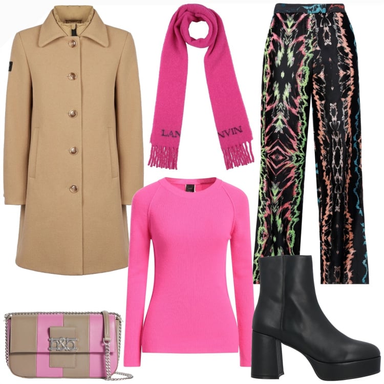 Outfit donna - Pink Attitude. Stile Glamour per Tutti i giorni. Abbinamento con pantaloni, sciarpe, pullovers, stivaletti, borse a spalla, cappotti.