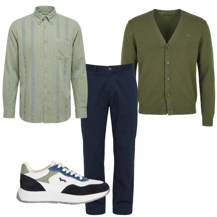Outfit uomo - Pomeriggio con gli amici. Stile Casual per Tutti i giorni. Abbinamento con sneakers, pantaloni cargo, camicie, cardigans.