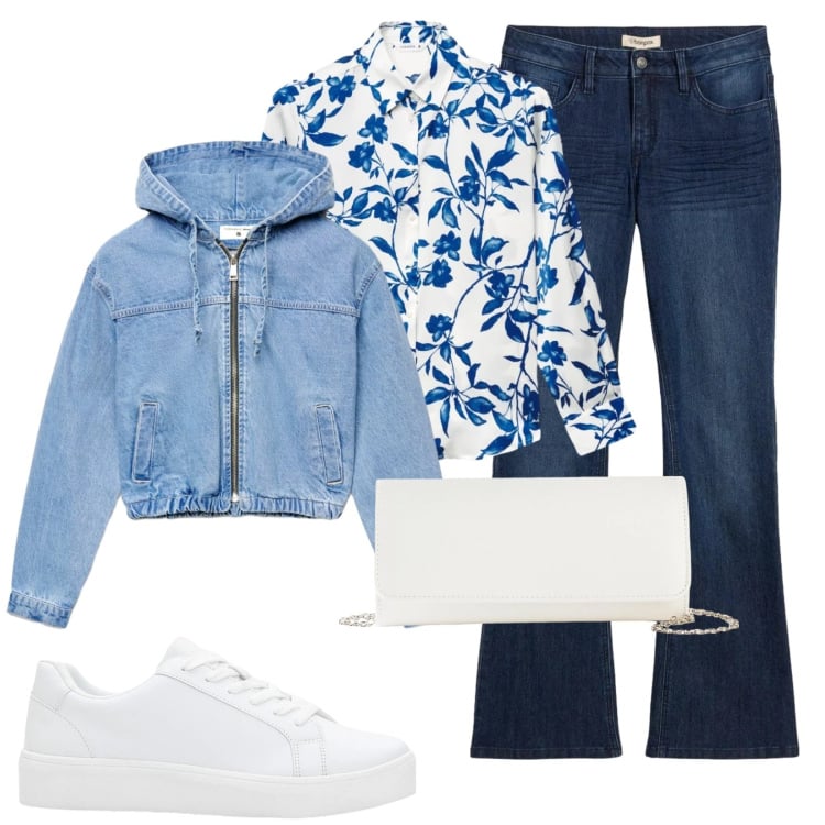 Outfit donna - City in marzo. Stile Casual per Tutti i giorni. Abbinamento con sneakers, pochette, jeans a zampa, bomber, camicie.