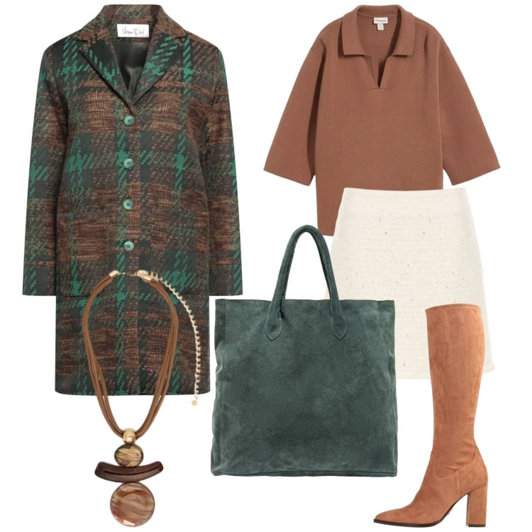 Outfit donna - Total look #2371642. Stile Trendy per Tutti i giorni. Abbinamento con cappotti, stivali, polo, ciondoli, minigonne, borse a mano.