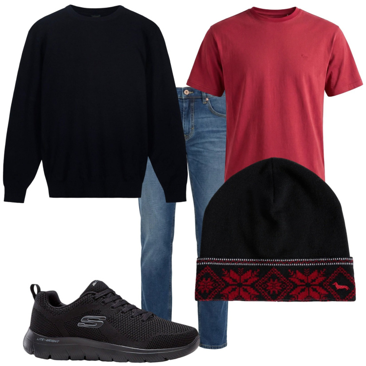 Outfit uomo - Total look #2371644. Stile Casual per Tutti i giorni. Abbinamento con sneakers, t-shirt, jeans, berretti, maglieria.