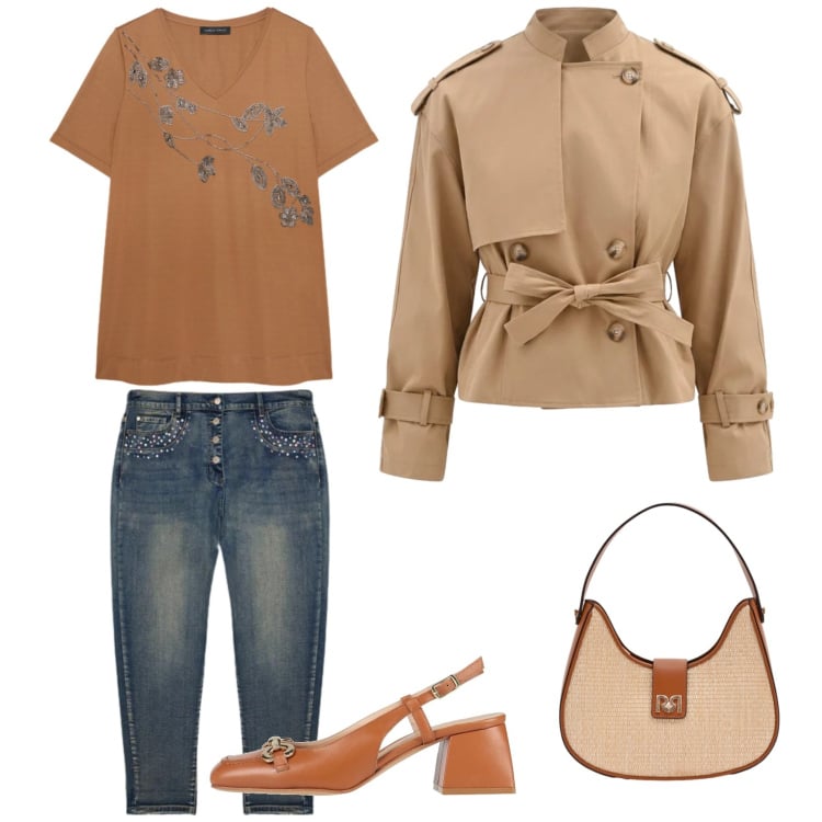 Outfit donna - Primavera incerta. per Tutti i giorni. Abbinamento con décolleté, jeans, t-shirt, borse a spalla, caban.
