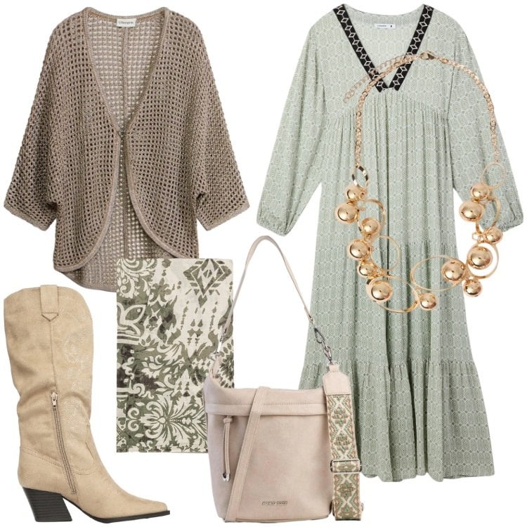 Outfit donna - Abiti che si muovono con te. Stile Boho per Tutti i giorni. Abbinamento con cardigans, borse a tracolla, collane, foulard, vestiti lunghi, stivali.