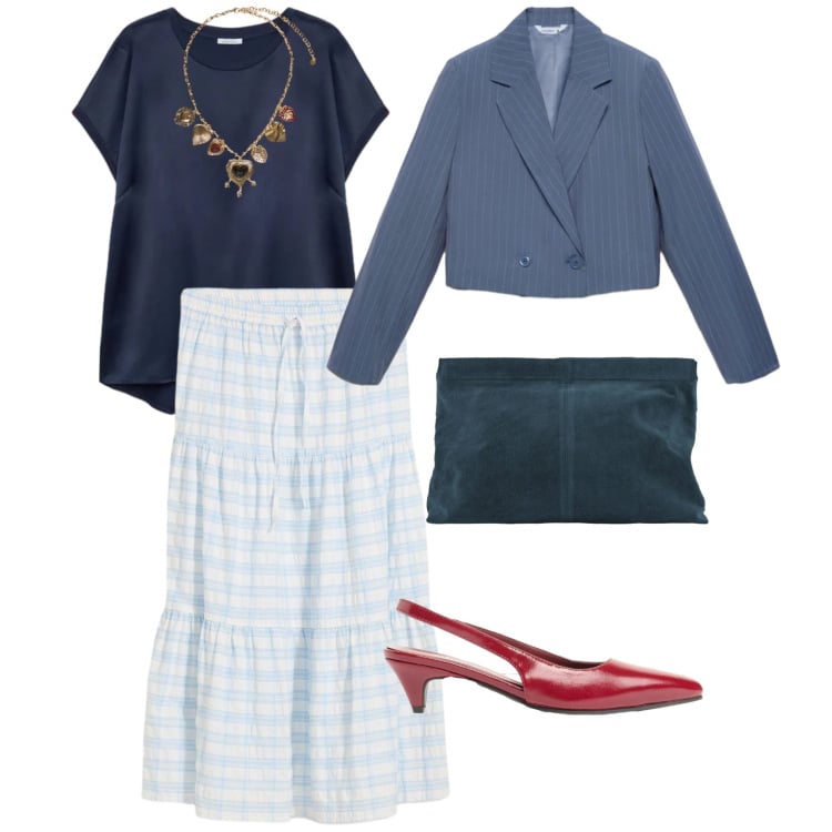 Outfit donna - Festa nel weekend. per Cerimonia. Abbinamento con décolleté, gonne longuette, bluse, collane, blazer, pochette.