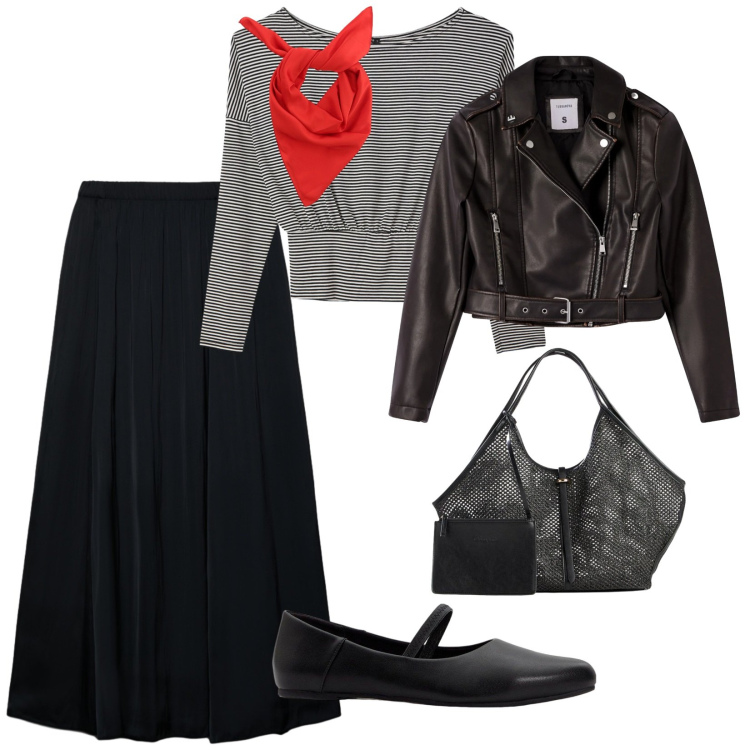 Outfit donna - Bonsoir. per Serata fuori. Abbinamento con ballerine, shopping bag, t-shirt, gonne longuette, giacche, foulard.