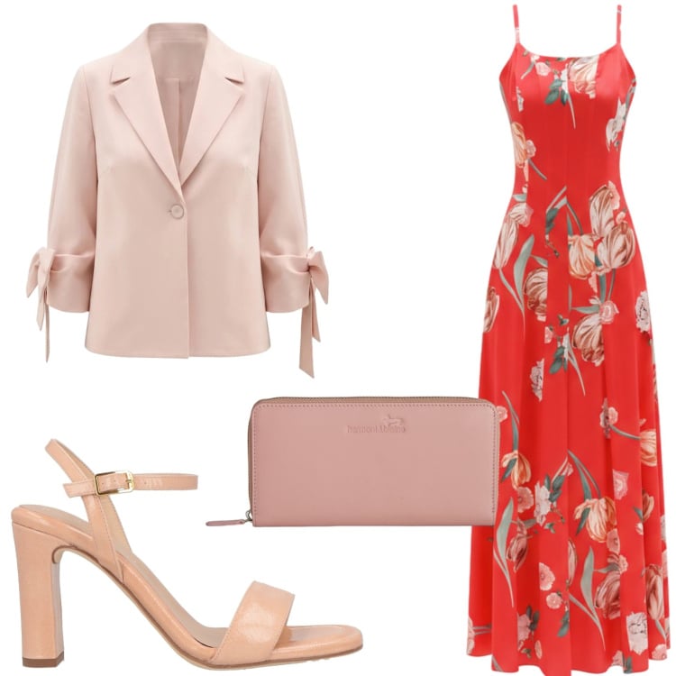 Outfit donna - L\'abito per un evento. Stile Glamour per Cerimonia. Abbinamento con sandali in pelle, portafogli, vestiti lunghi, blazer.