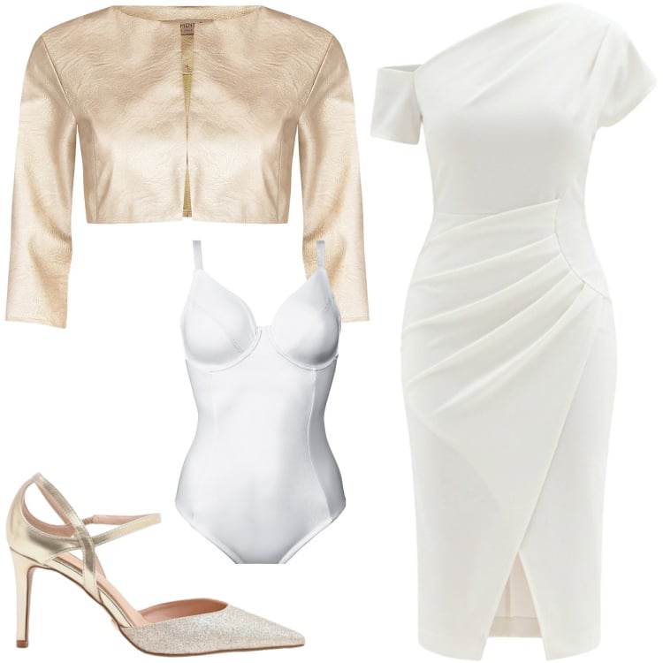 Outfit donna - L\'outfit per una serata. Stile Glamour per Serata fuori. Abbinamento con body, bolero, décolleté, vestiti a tubino.