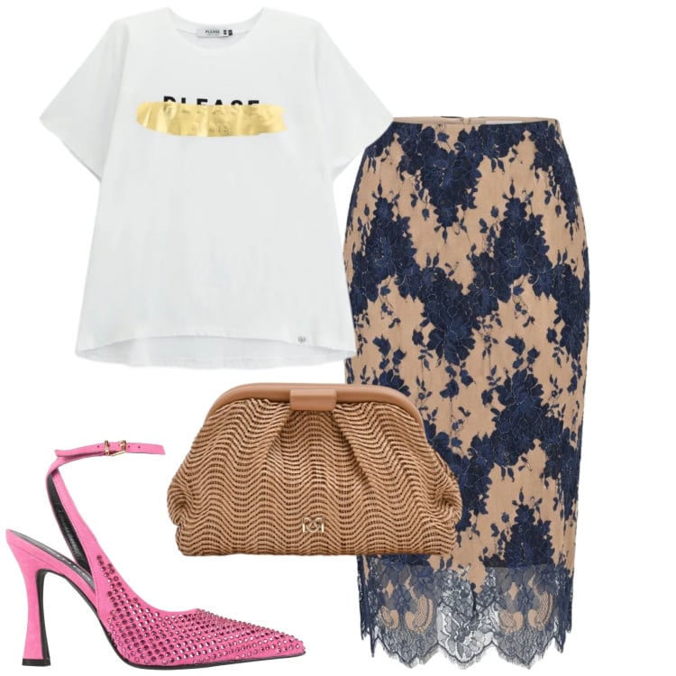 Outfit donna - Total look #2371669. Stile Glamour per Serata fuori. Abbinamento con décolleté, t-shirt, pochette, gonne longuette.