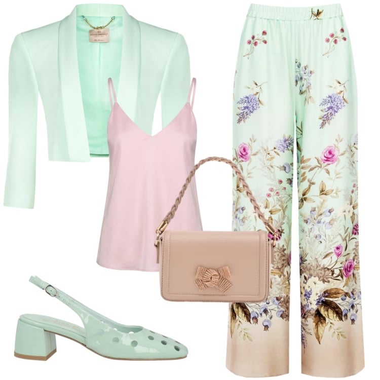 Outfit donna - L\'outfit primaverile. Stile Trendy per Serata fuori. Abbinamento con décolleté, pochette, bolero, pantaloni a palazzo, top.