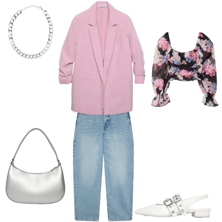 Outfit donna - Spring Blossom & Denim. Stile Casual per Tutti i giorni. Abbinamento con bluse, blazer, collane, jeans, ballerine, borse a tracolla.