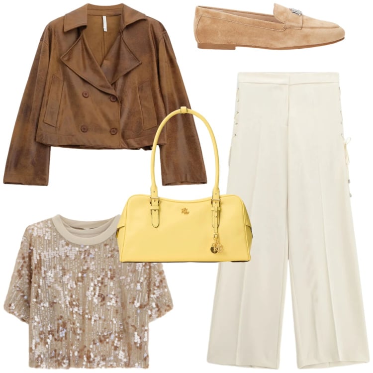 Outfit donna - Casual primaverile. Stile Casual chic per Tutti i giorni. Abbinamento con t-shirt, giacche, pantaloni, mocassini, borse a mano.