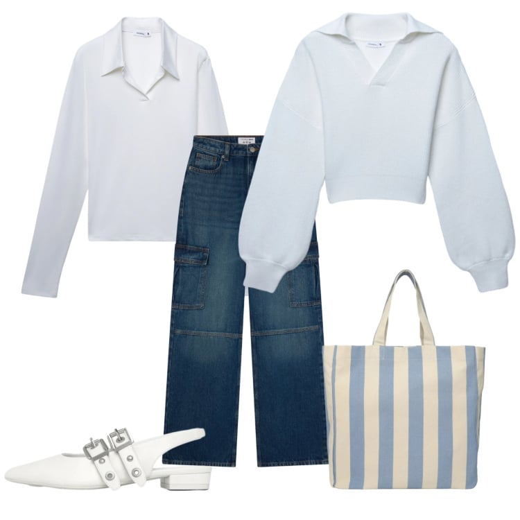 Outfit donna - Total look #2371697. Stile Glamour per Tutti i giorni. Abbinamento con maglieria, polo, jeans, ballerine, shopping bag.