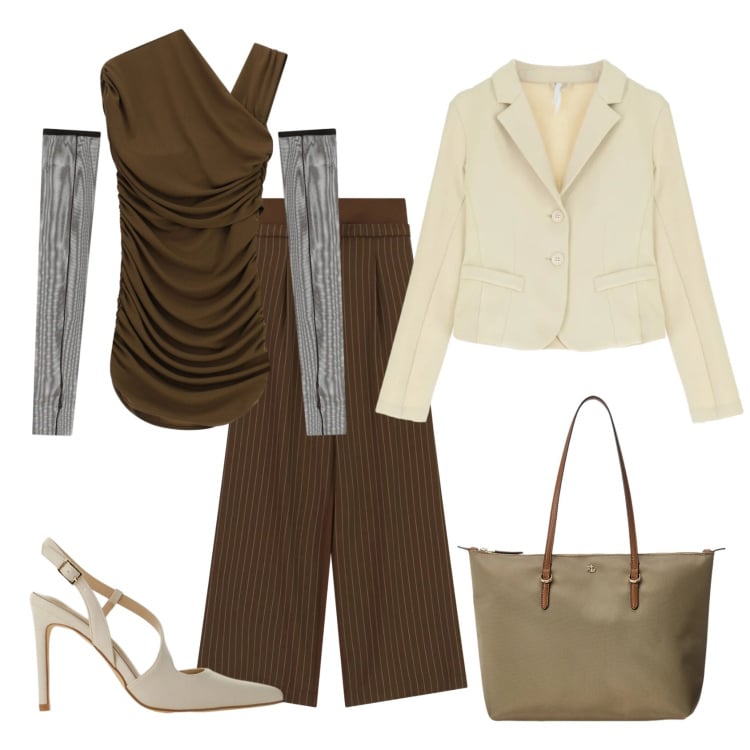 Outfit donna - Total look #2371702. Stile Casual chic per Ufficio. Abbinamento con blazer, décolleté, vestiti asimmetrici, pantaloni a palazzo, borse tote.