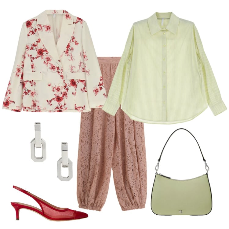 Outfit donna - Total look #2371708. Stile Casual chic per Ufficio. Abbinamento con borse a spalla, décolleté, orecchini, camicie, pantaloni a palazzo, blazer.