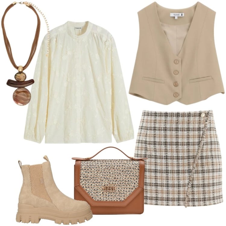 Outfit donna - Total look #2371710. Stile Casual chic per Ufficio. Abbinamento con stivaletti, camicie, ciondoli, gilet, pochette, minigonne.