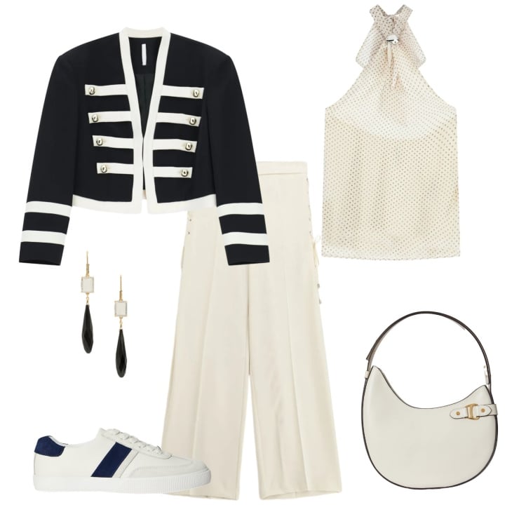 Outfit donna - Total look #2371713. Stile Casual chic per Ufficio. Abbinamento con sneakers, borse a spalla, orecchini, blazer, pantaloni, top.