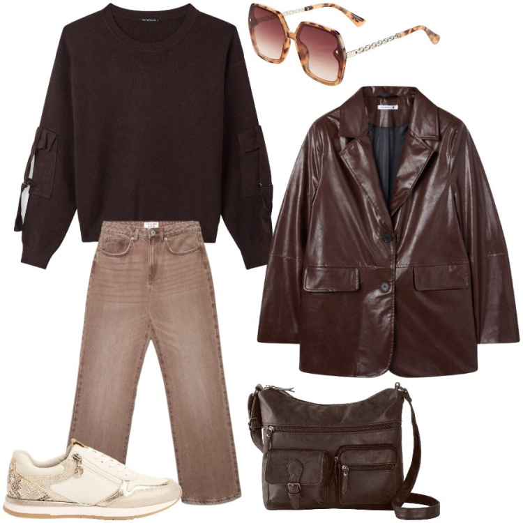 Outfit donna - Color cioccolato. Stile Mannish per Tutti i giorni. Abbinamento con sneakers, occhiali da sole, borse a tracolla, maglieria, blazer, jeans dritti.
