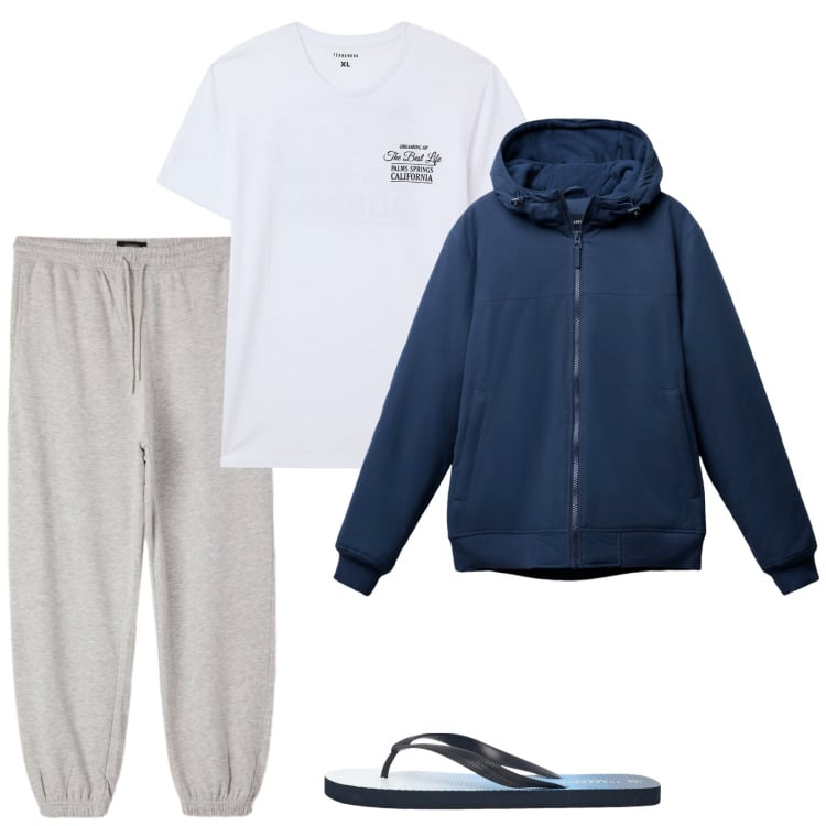 Outfit uomo - Relax a casa. Stile Casual per Tutti i giorni. Abbinamento con t-shirt, sandali, giacche, pantaloni.