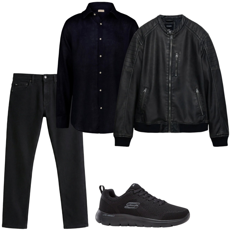 Outfit uomo - Total black. Stile Biker Rock per Serata speciale. Abbinamento con sneakers, jeans, giacche, camicie.