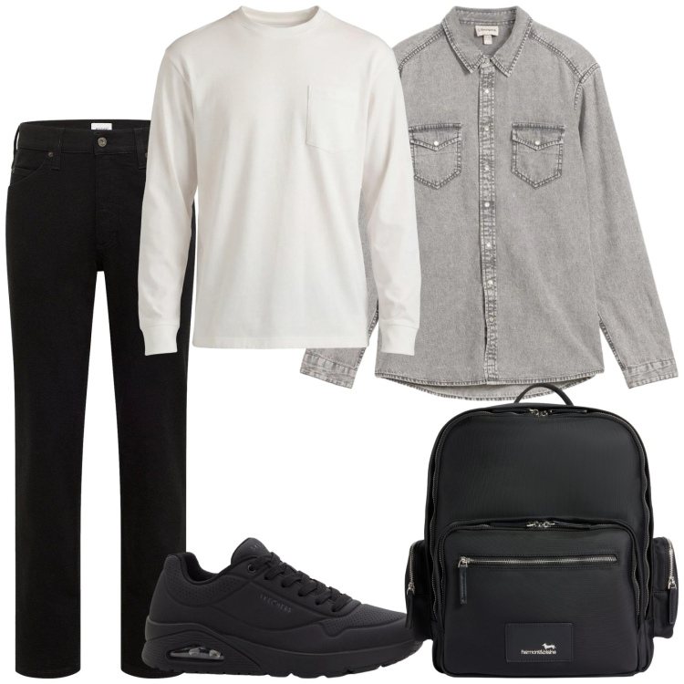 Outfit uomo - La camicia in jeans. Stile Casual per Tutti i giorni. Abbinamento con sneakers, jeans dritti, camicie, t-shirt, borse sportive.