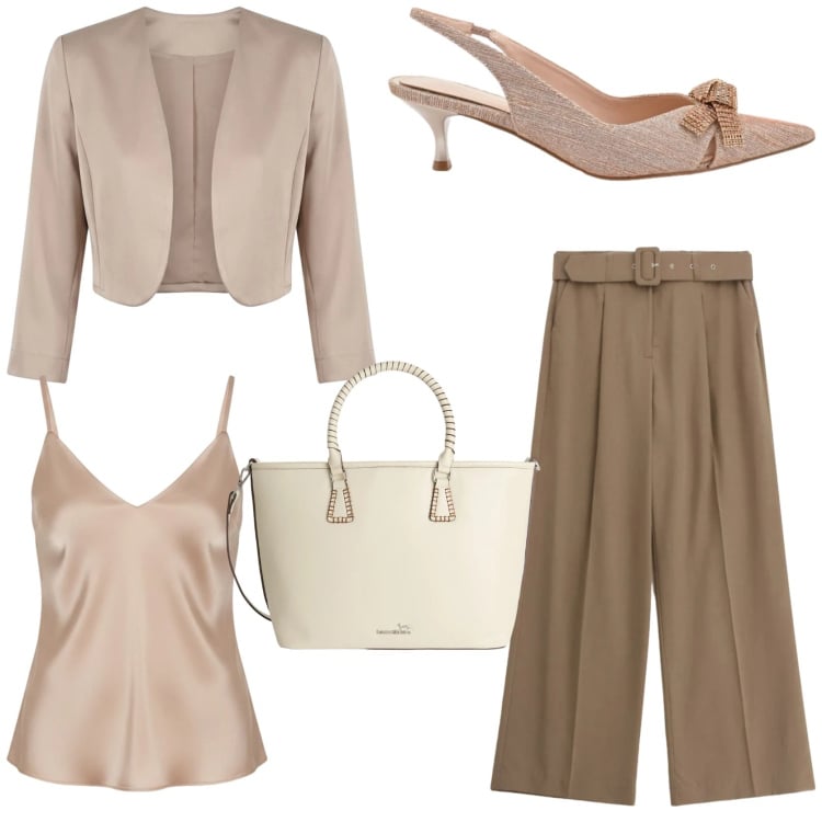 Outfit donna - Outfit primaverile. Stile Chic per Tutti i giorni. Abbinamento con shopping bag, pantaloni a palazzo, décolleté, bolero, canottiere.