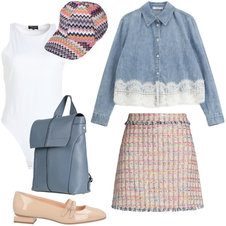 Outfit donna - Total look #2371729. Stile Preppy per Tutti i giorni. Abbinamento con body, minigonne, ballerine, zaini, cappelli con visiera, camicie.