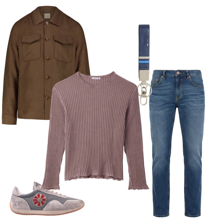 Outfit uomo - Eleganza Materica tra Marrone e Malva. Stile Trendy per Tutti i giorni. Abbinamento con portachiavi, jeans, maglieria, sneakers, cappotti.