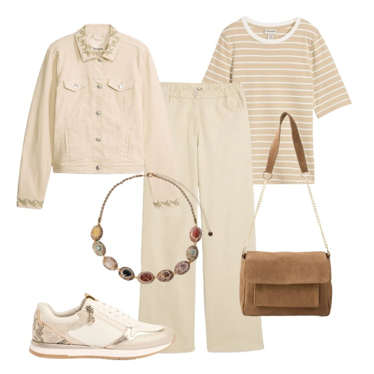 Outfit donna - La giacchina con ricami. Stile Casual per Tutti i giorni. Abbinamento con blazer, pantaloni a palazzo, t-shirt, borse a tracolla, sneakers, collane.