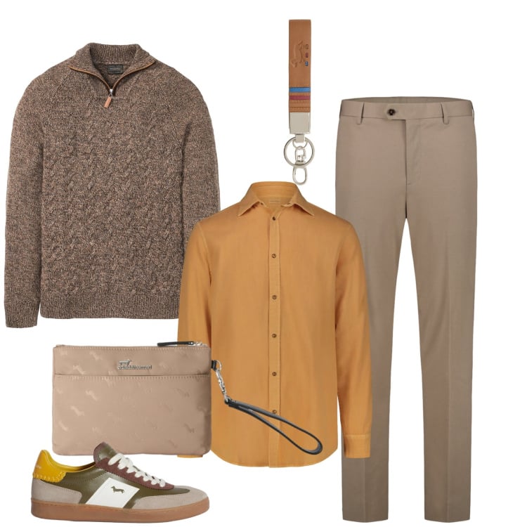 Outfit uomo - Golden Earth. Stile Urban per Ufficio. Abbinamento con maglieria, portachiavi, borse sportive, sneakers, pantaloni, camicie.