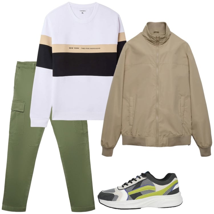Outfit uomo - Vivere il quotidiano. Stile Casual per Tutti i giorni. Abbinamento con pantaloni cargo, felpe con cappuccio, sneakers, bomber.