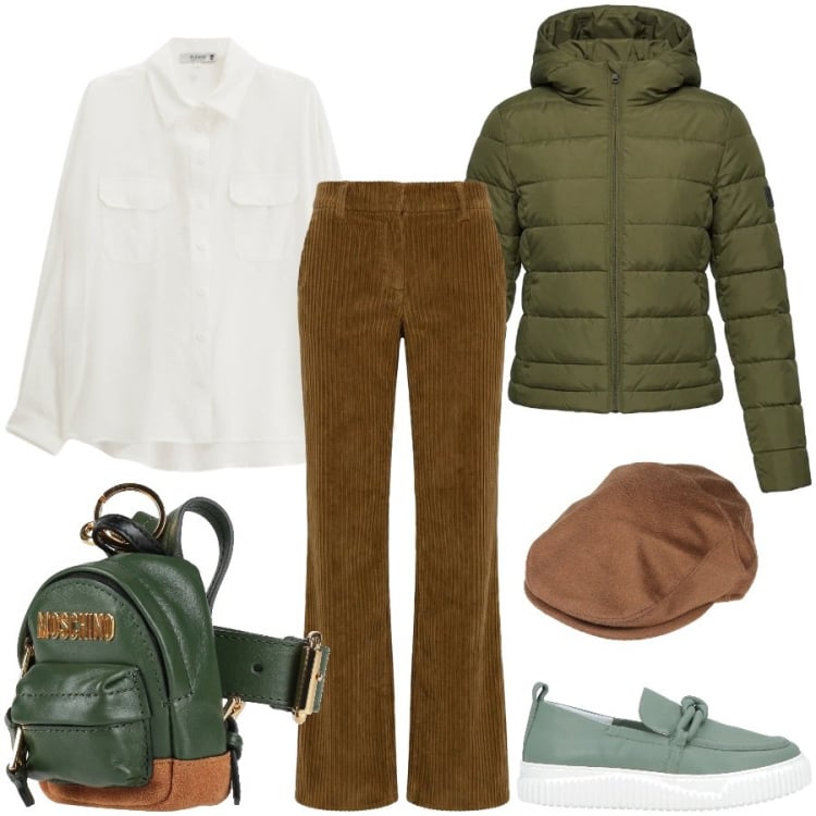 Outfit donna - Total look #2371741. Stile Urban per Tutti i giorni. Abbinamento con cappelli, mocassini, marsupi, pantaloni, camicie, piumini.